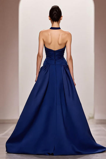 Dark Blue A Line Satin Halter Ruched Long Formal Dress with Slit